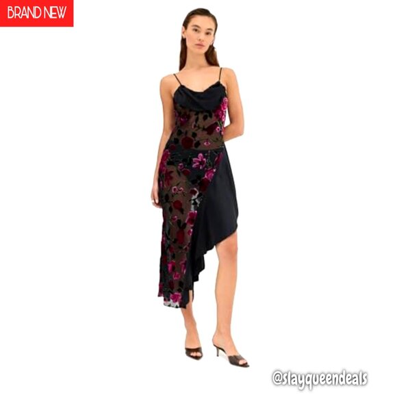 Floral Devor Slip Dress with Satin Trim, Midi Length, Bias Cut - Picture 2 of 7